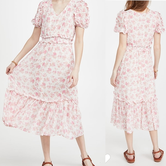 Moon River Dresses & Skirts - NWT Moon River Cottagecore Floral Long Short Sleeve Dress Pink White Ruffles S